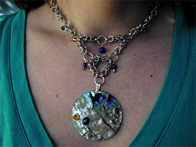 abalon paua byzantine necklace on model